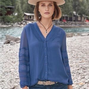 Sundance Dusty Blue Mellow Days Blouse w/lace, sheer & pintuck details sz L